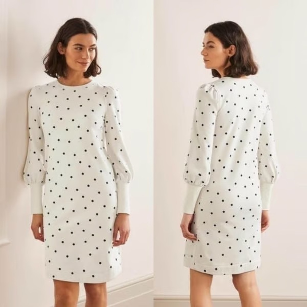 Boden Romona Sweatshirt Dress Size 10 White With Navy Polka Dots